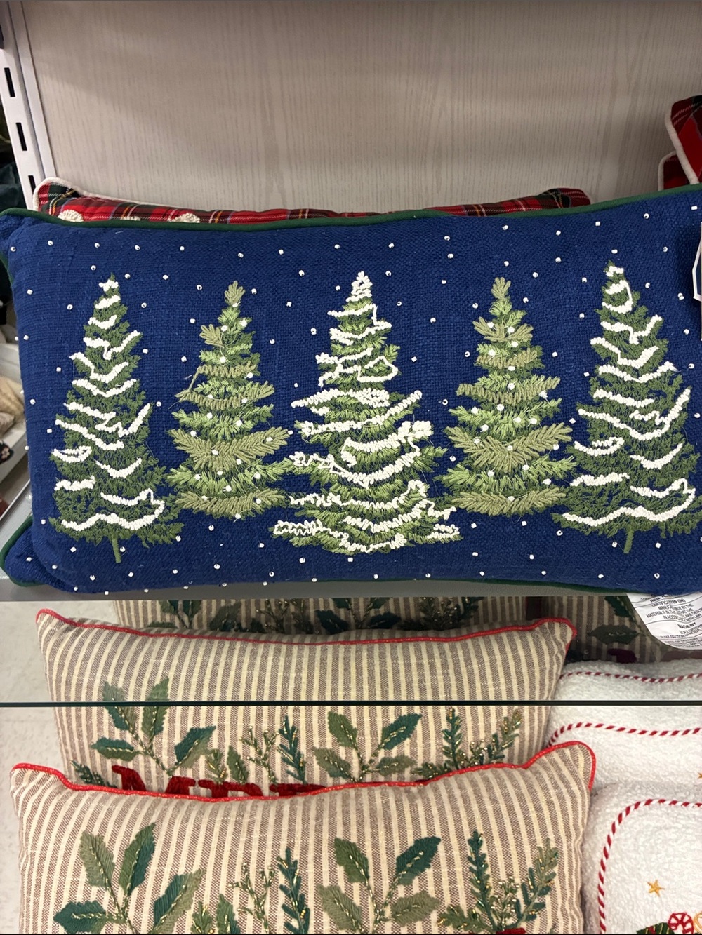 Holiday Pine Trees Embroidered Lumbar Pillow - Blue
